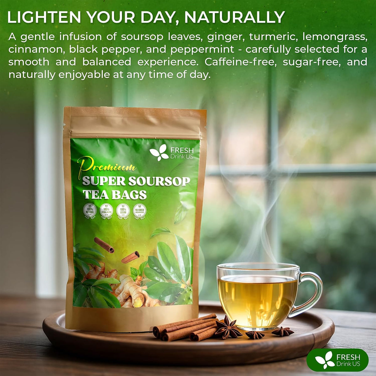 FreshDrinkUS, Super Soursop Herbal Tea – 60 Tea Bags | Soursop, Ginger, Turmeric, Lemongrass, Cinnamon, Black Pepper & Peppermint | Caffeine-Free, Natural Flavor, Plant-Based Blend | Sugar-Free