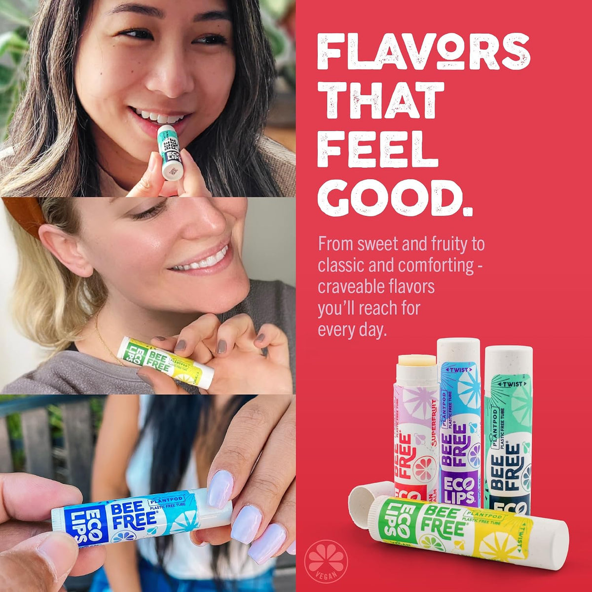 Eco Lips Bee Free Variety Vegan Lip Balm with Candelilla Wax, 3 pack | Nourishes Dry Lips | Plant-Based Ingredients | Cruelty Free | Long-Lasting Moisture | Cruelty & Petroleum Free