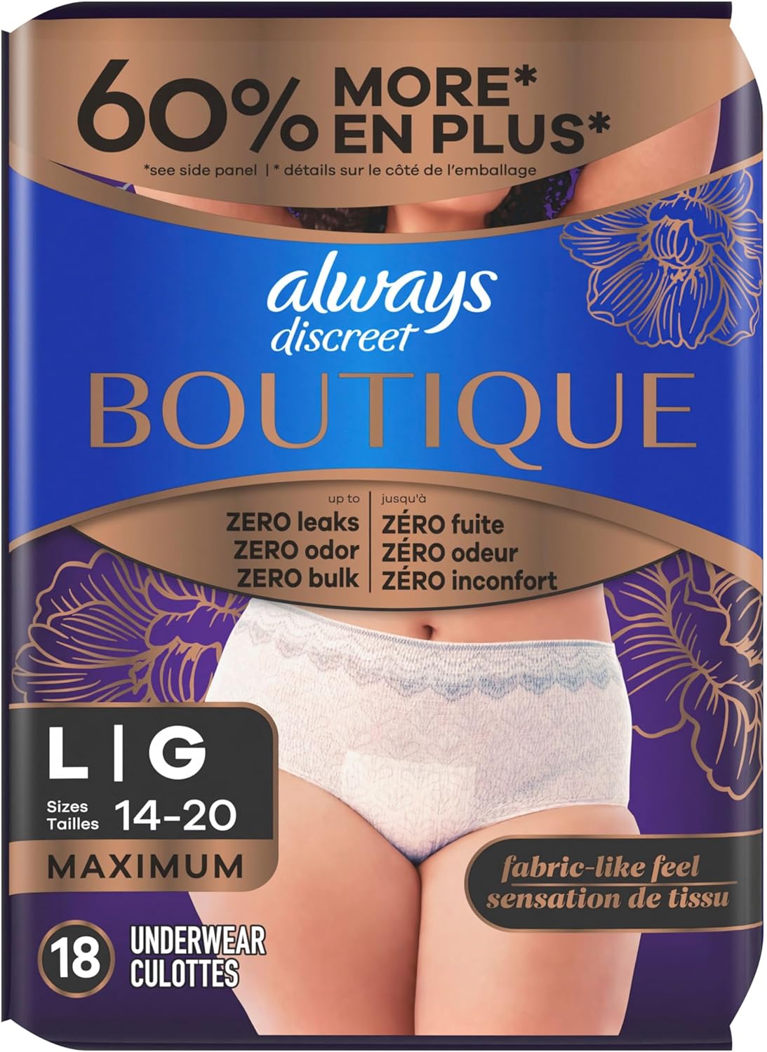 Always Discreet Boutique Incontinence & Postpartum Underwear for Women, Disposable, Maximum Protection, Large, 18 Count