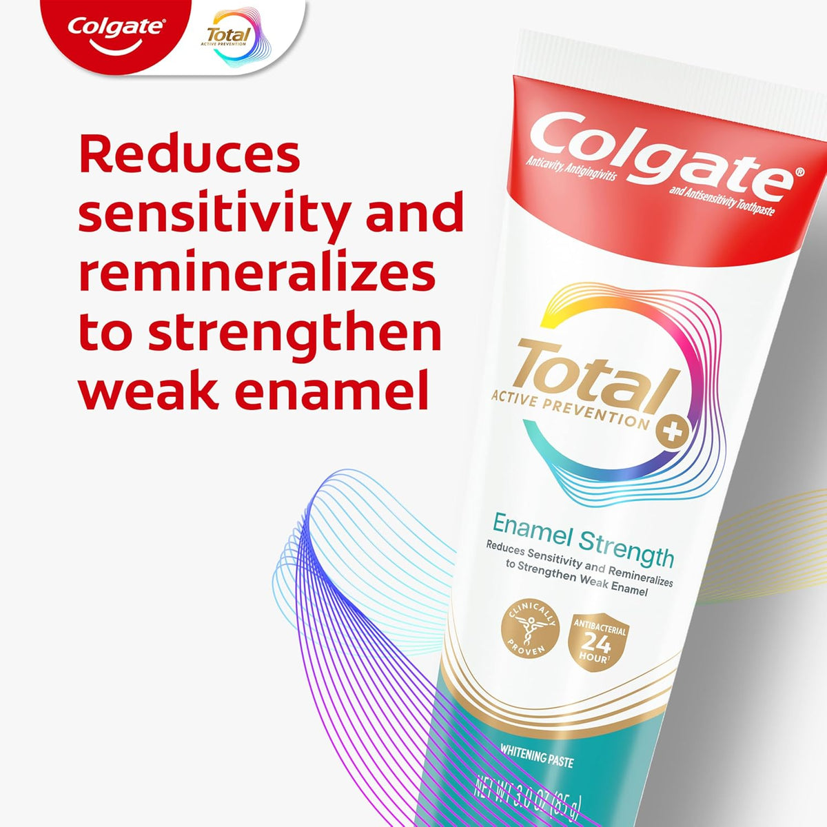 Colgate Total Enamel Strength Remineralizing Toothpaste, 3 Pack, 3 oz | Repairs and Strengthens Weak Enamel, Reduces Sensitivity, Whitens, Removes Plaque and Tartar, Fluoride, Peppermint Flavor