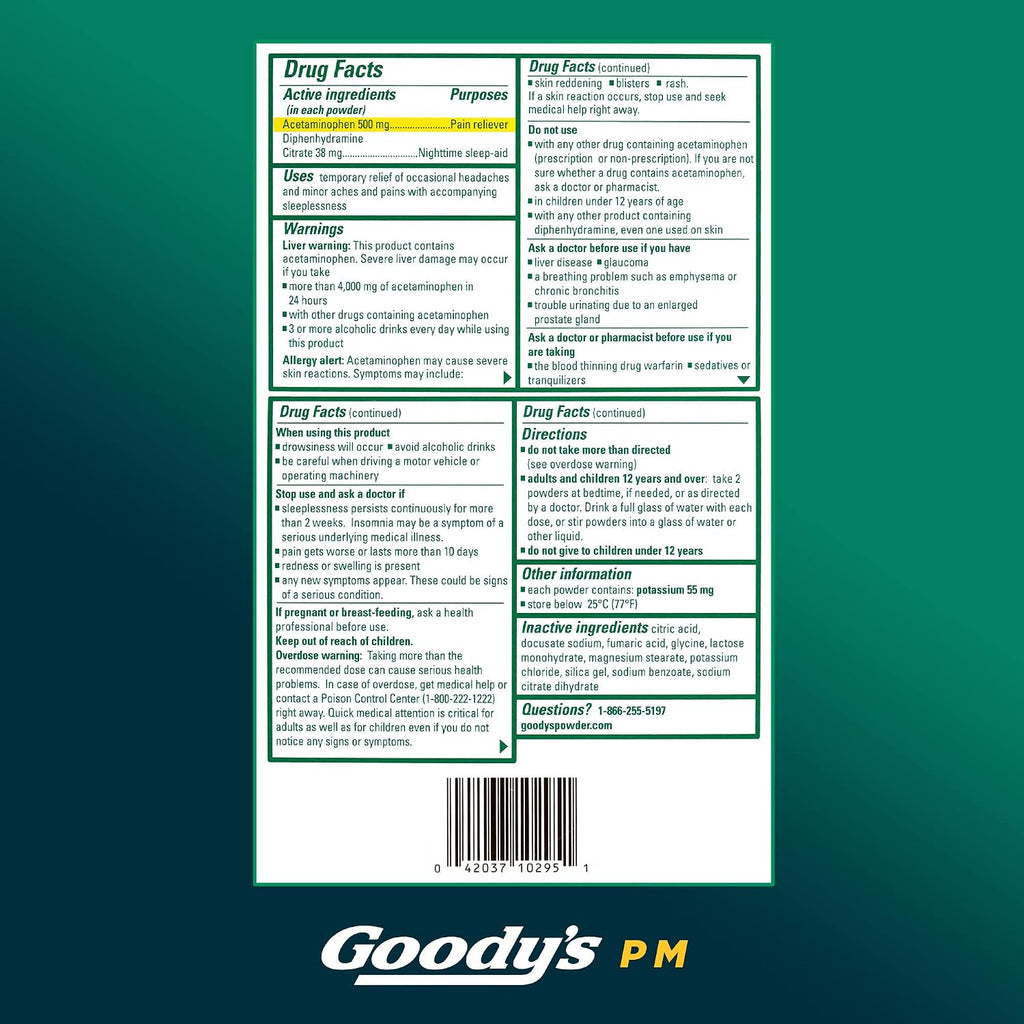 Goody's PM Nighttime Powder, Pain Reliever & Sleep Aid, 16 Count | Fast Pain Relief, Dual Action with Acetaminophen & Diphenhydramine, Headache Relief, Caffeine-Free, Unflavored, Dissolve Pack