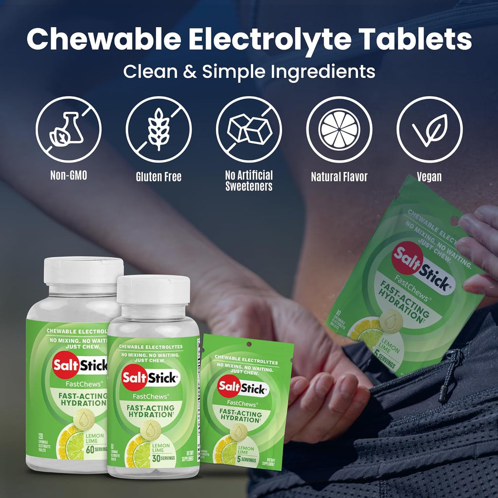 SaltStick Electrolyte FastChews Lemon Lime - 120 Chewable Tablets | Chewable electrolyte tablets that start working in 45 seconds. No mixing or waiting—just chew for hydration on the go.