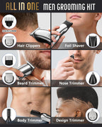 Ufree Beard Trimmer for Men, Waterproof Electric Razor, Grooming Kit | Stainless steel blades, six interchangeable heads, wet and dry use, USB rechargeable, for face body nose ear trimming, silver