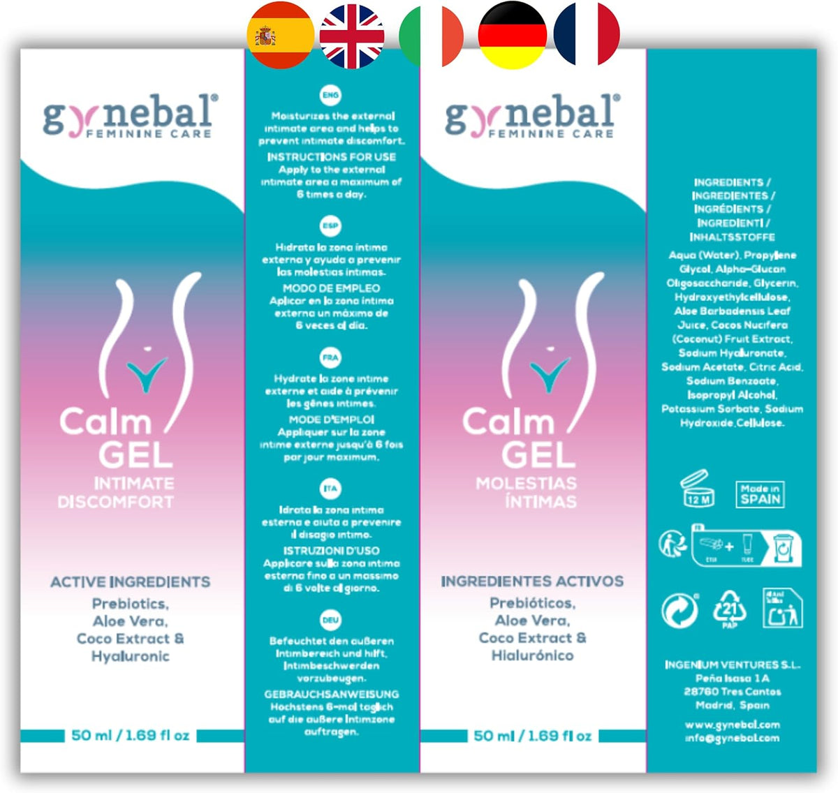 GYNEBAL CALM Gel Intimate Woman Moisturizing Vaginal External Prebiotic – Intimate Protector that moisturizes and softens the female intimate area – External Use 50 ml