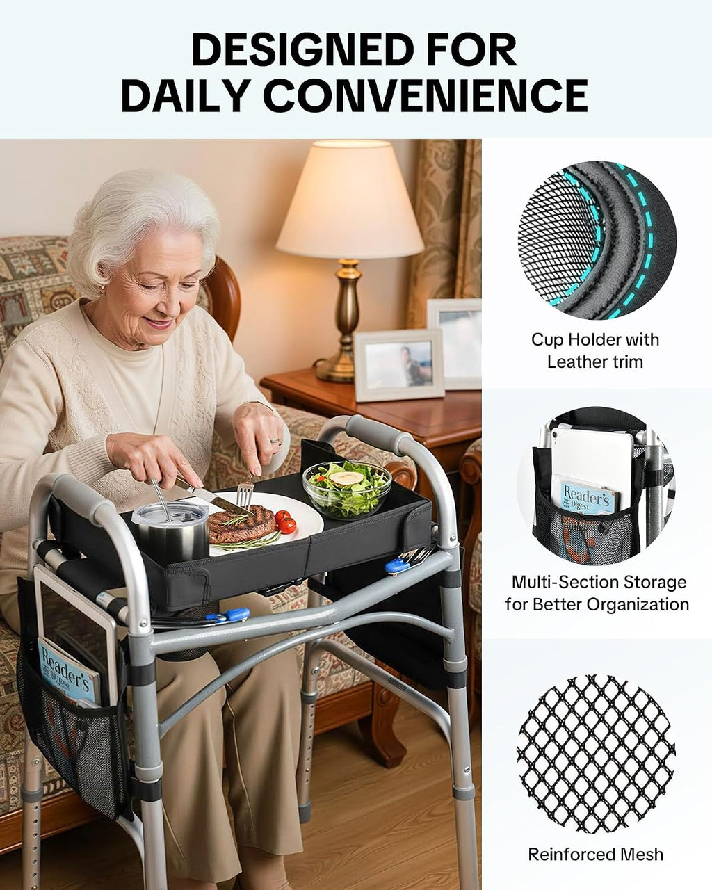 Walker Tray for Folding Walker, Side Pockets & Cup Holder | Fits 17–19" Folding Walkers with Side Bars, Easy Install, Adjustable Straps, Spill-Resistant Surface, Lightweight for Seniors