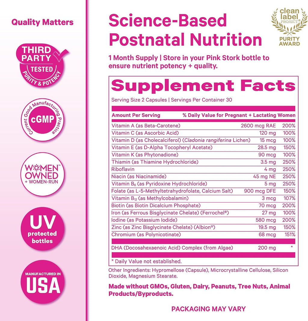 Pink Stork Total Postnatal Vitamins for Women, 60 Capsules, Berry | Clean Label Award, Vegan Algae DHA, No Fishy Burps, Methylated Folate, Iron, Gentle on Stomach, Postpartum + Lactation