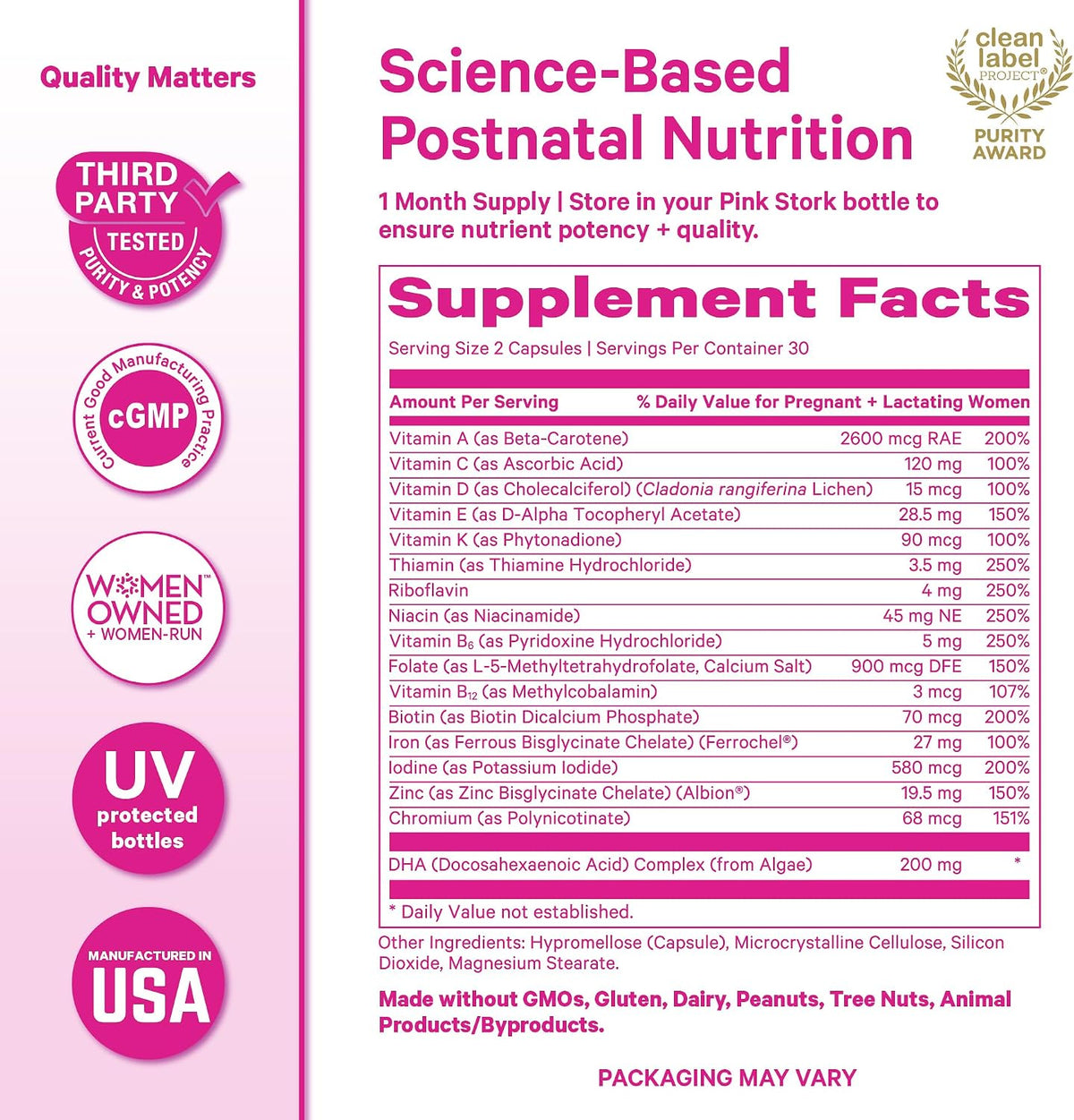 Pink Stork Total Postnatal Vitamins for Women, 60 Capsules, Berry | Clean Label Award, Vegan Algae DHA, No Fishy Burps, Methylated Folate, Iron, Gentle on Stomach, Postpartum + Lactation
