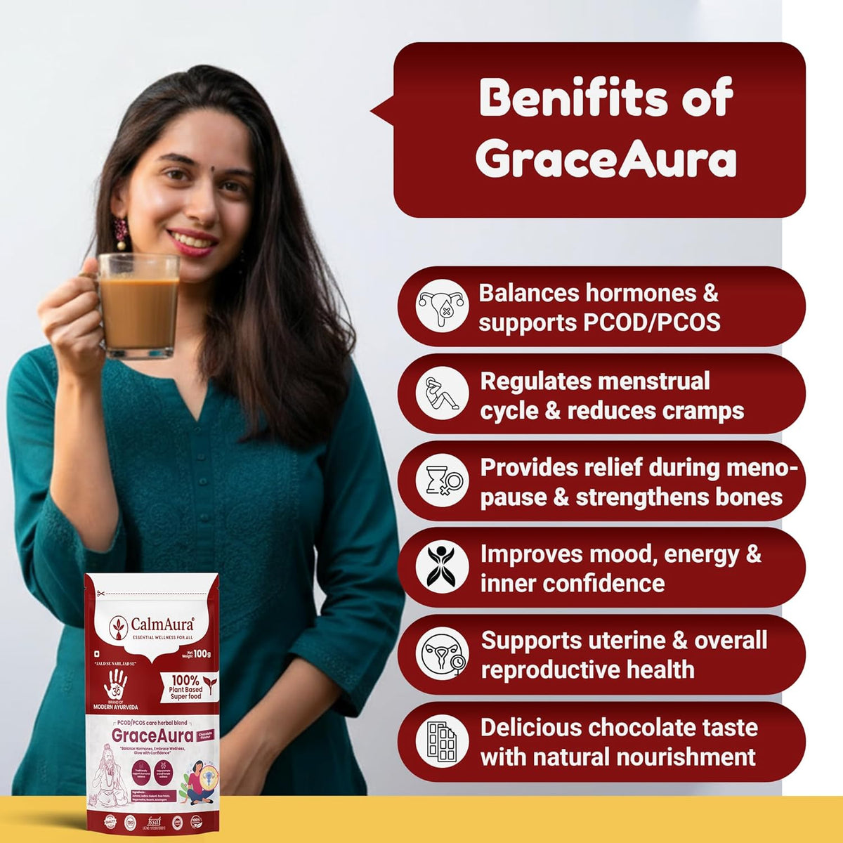 CalmAura GraceAura PCOD PCOS Care Herbal Blend Powder Chocolate Flavor | Ayurvedic Hormonal Balance & Menstrual Wellness Supplement for Women | Natural Uterine Health & Reproductive Support