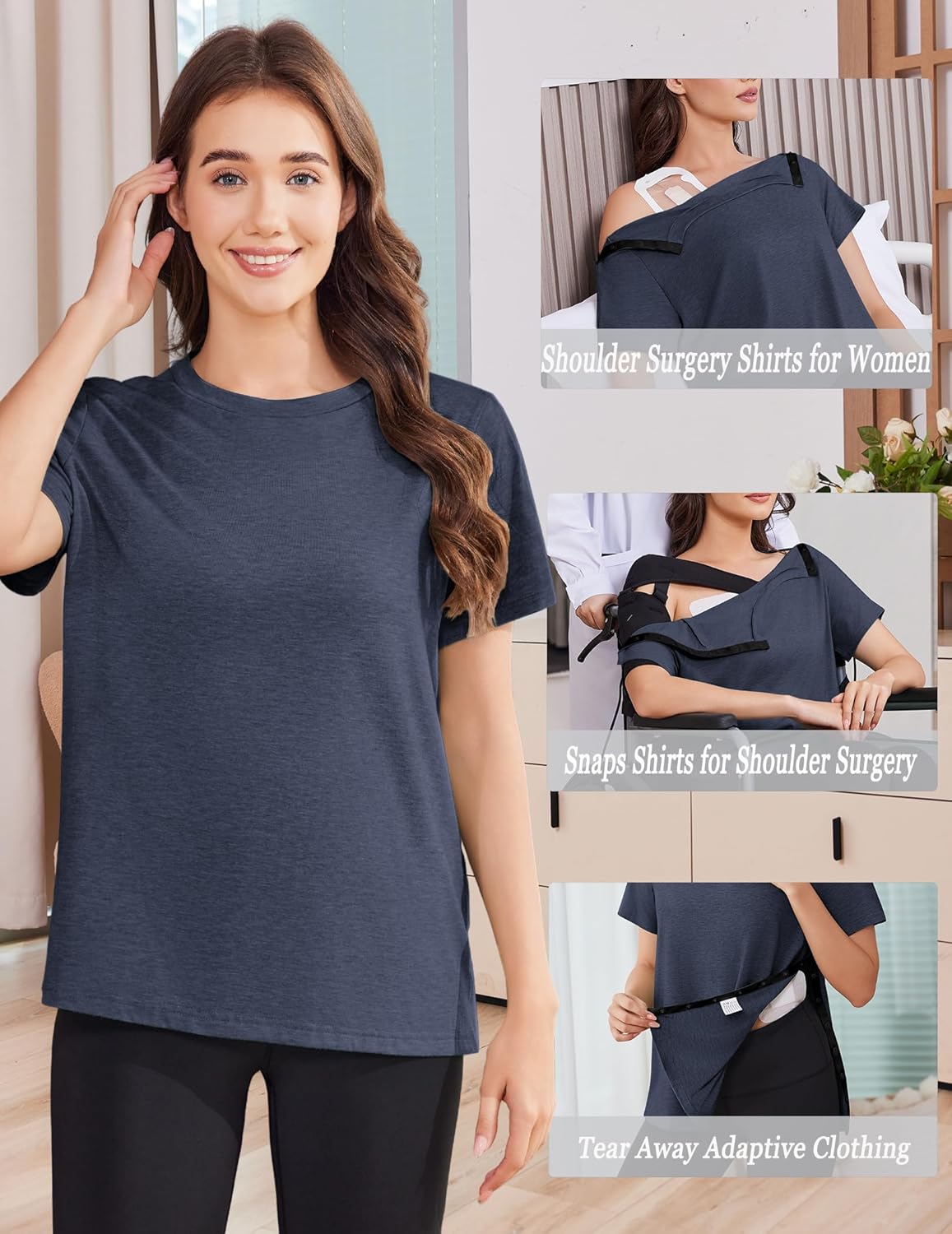 Deyeek Post Shoulder Surgery Shirts for Women Tear Away Side Snap Chemo Port Shirts Short Sleeve Adaptive Clothing