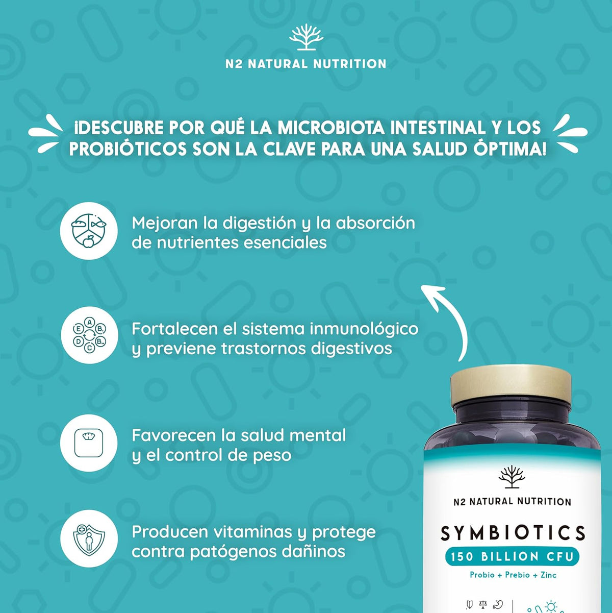 Probiotics 150 Billion CFU and 20 Strains. Maximum Concentration of Intestinal Probiotics and Prebiotics and Zinc. Shock Therapy 76 Days. Irritable Colon and Gases. Vegan. CE. N2 Natural Nutrition