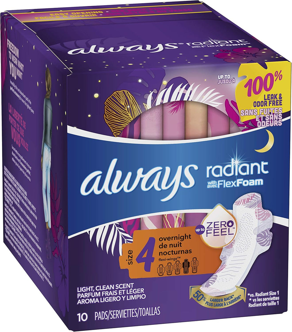 ALWAYS Radiant, Size 4, Overnight Sanitary Pads with Wings, Scented, 10Count, (Pack of 10)