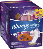 ALWAYS Radiant, Size 4, Overnight Sanitary Pads with Wings, Scented, 10Count, (Pack of 10)