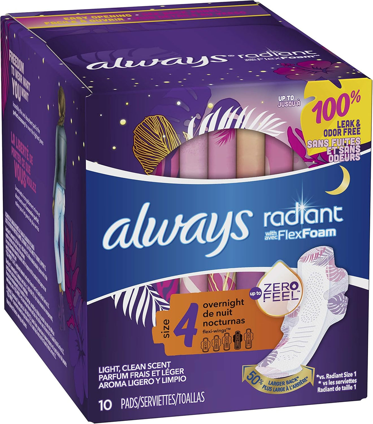 ALWAYS Radiant, Size 4, Overnight Sanitary Pads with Wings, Scented, 10Count, (Pack of 10)