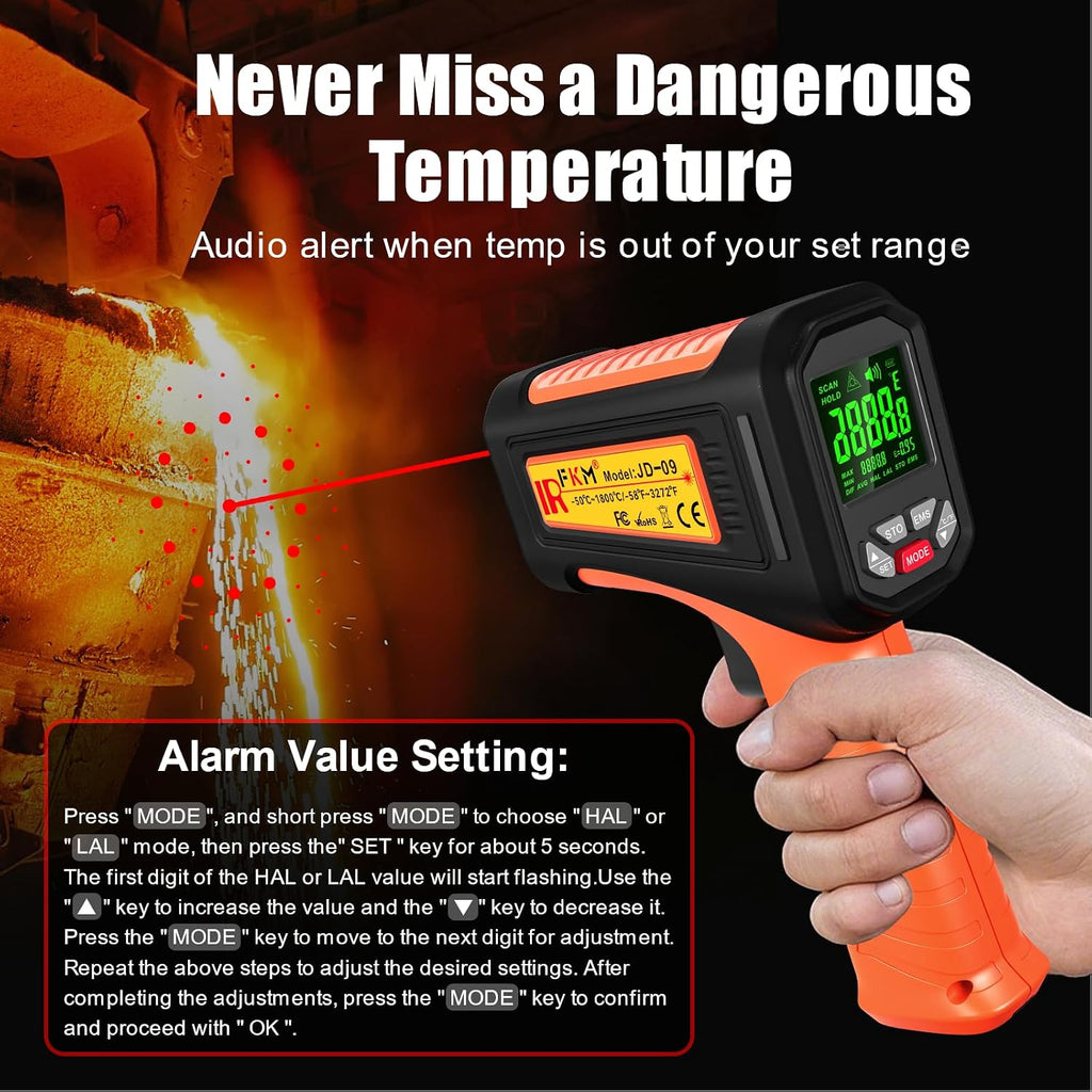 -58°F ~3272°F FKM Infrared Thermometer High Temperature Gun 50:1 Ratio | Digital IR Temp Gun,High Precision-Laser Thermometer Gun for Cooking,Kilns,Forges,Engine,HVAC,Industrial and Home Repair