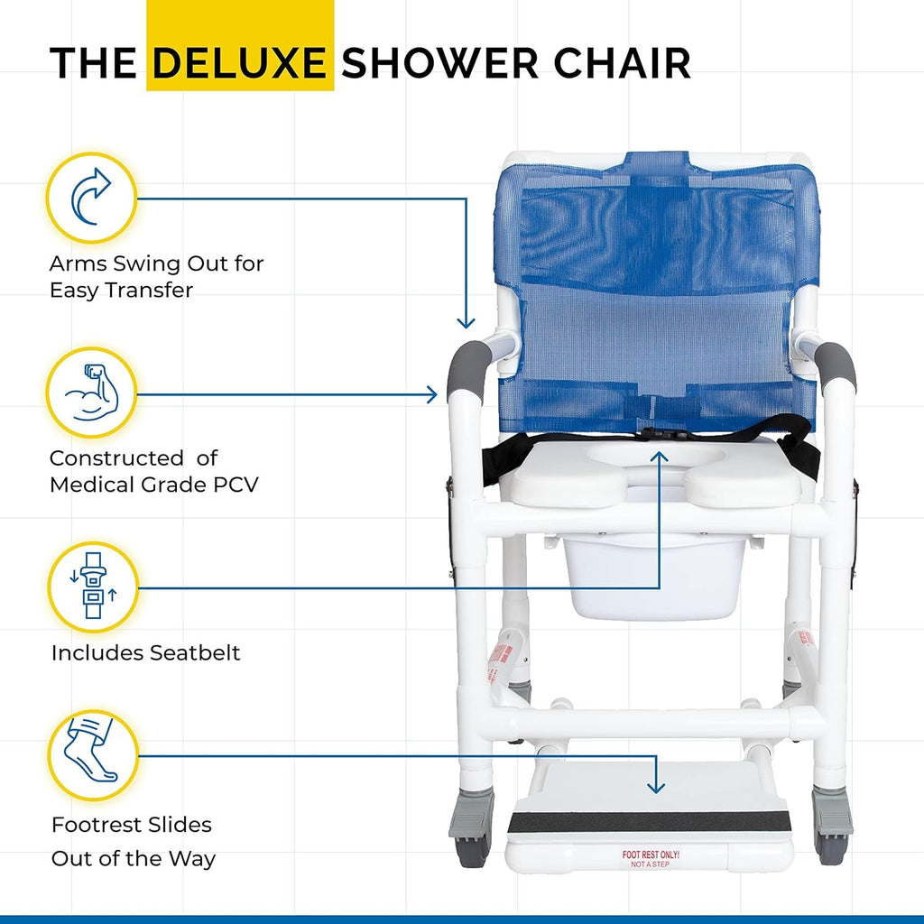 Institutional Grade Rolling Shower Commode Chair with Wheels & Drop Arms – Padded Seat, Locking Casters, Sliding Footrest, Seat Belt – Fits Over Toilet – 300 lb Capacity – DL-1