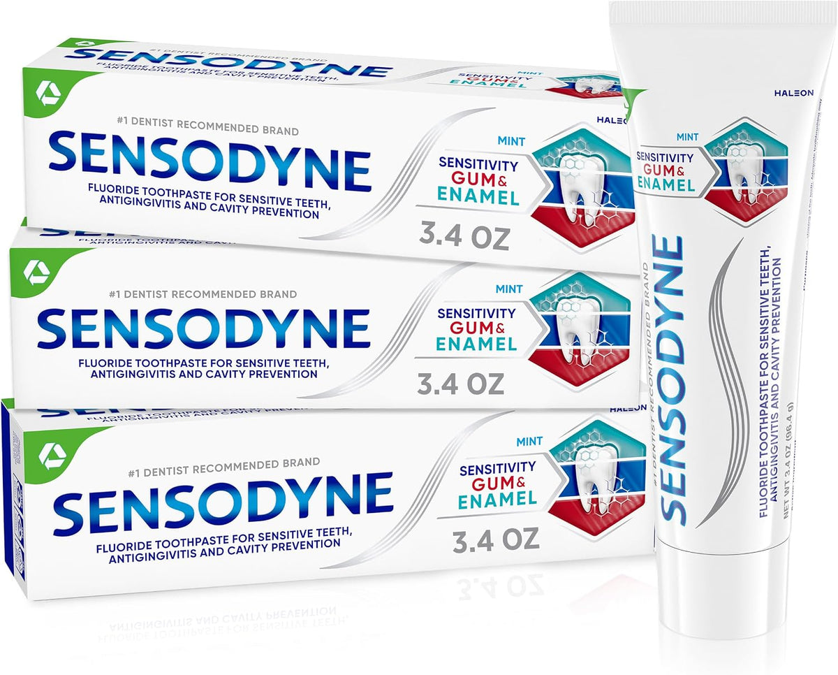 Sensodyne Sensitivity Gum and Enamel Toothpaste, 3.4 Ounces x 3 | Triple Protection, Refreshing Fluoride Toothpaste, Mint Flavor, Helps Restore Gum Health, Rehardening The Enamel