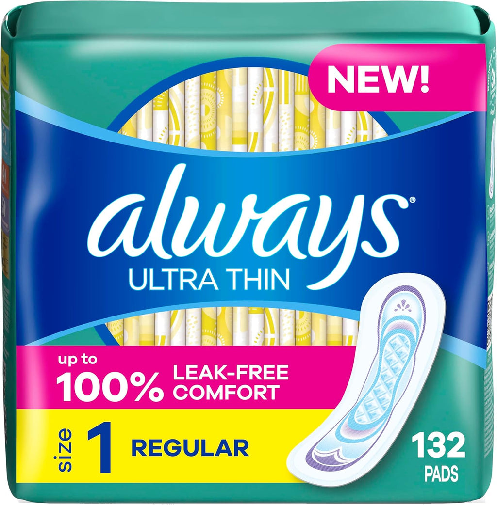 Always Ultra Thin Pads without Wings, Size 1, Regular, 132 Count (3 Packs of 44)