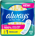 Always Ultra Thin Pads without Wings, Size 1, Regular, 132 Count (3 Packs of 44)