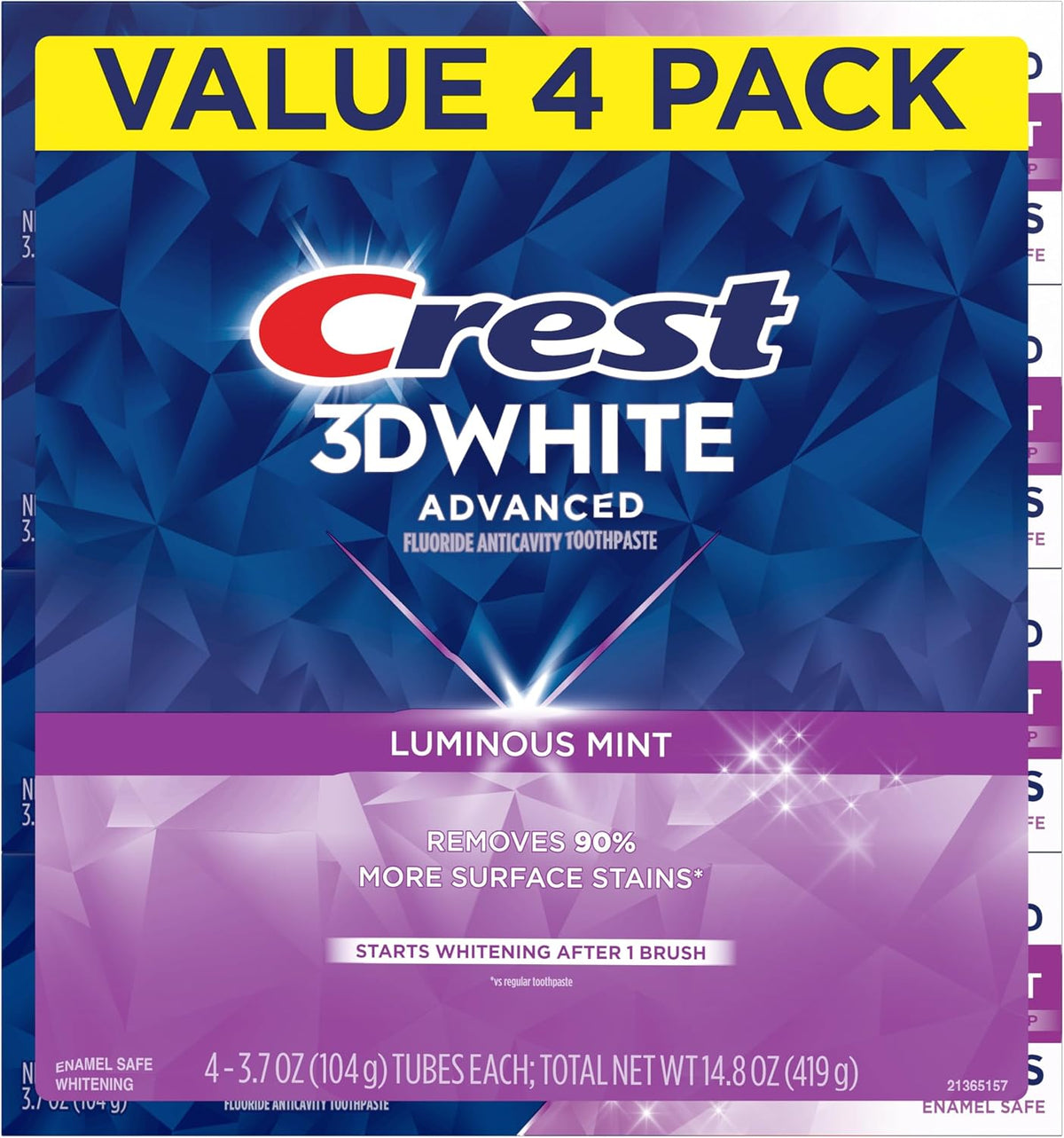 Crest 3D White Advanced, Teeth Whitening Toothpaste for Adults, 3.7 oz, 4 Pack, Cavity Protection Fluoride Toothpaste, Strengthens Enamel, Travel Size Toiletries