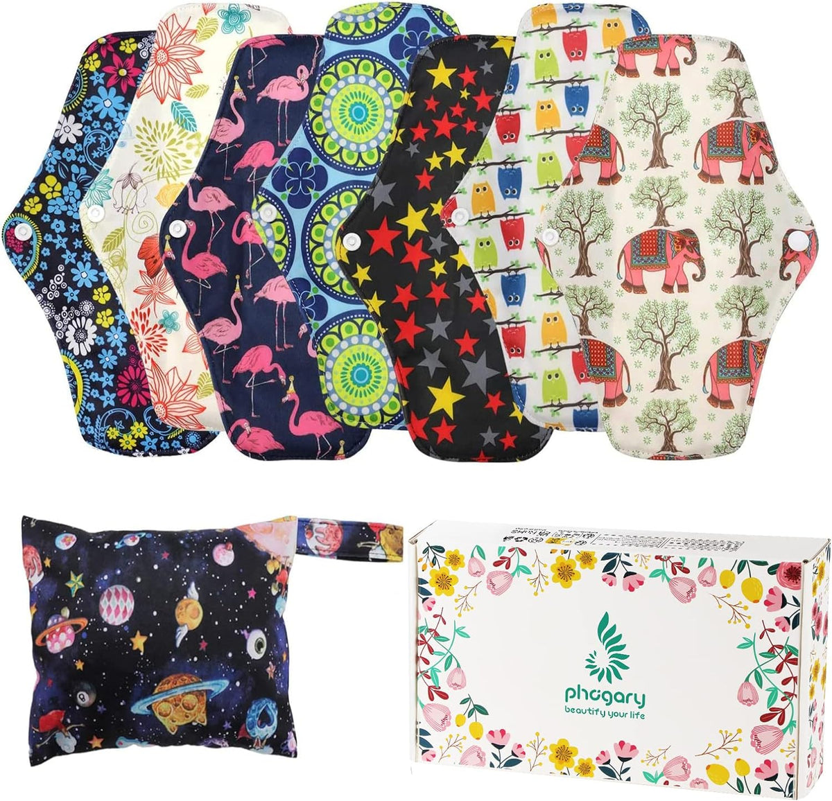 PHOGARY 7 Pieces Reusable Sanitary Pads, Antibacterial Bamboo Panty Liners with Waterproof Bag, Washable Night Pads for Abundant Menstrual Flow, 10"