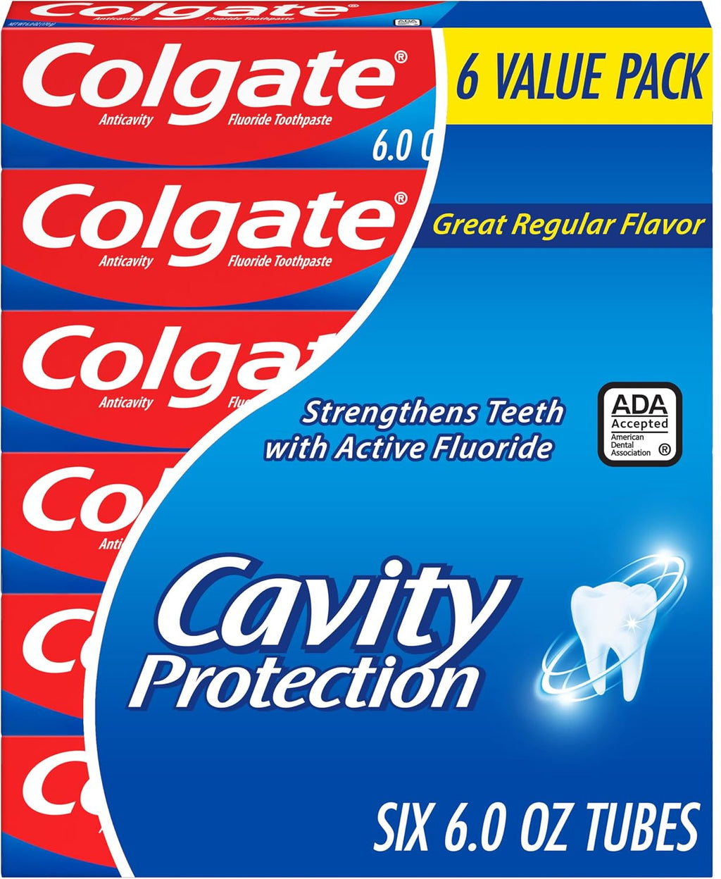 Colgate Cavity Protection Fluoride Toothpaste, Mint, 6 Pack, 6 oz | Bulk Anticavity Adult Toothpaste, Fights Cavities, Enamel Strengthening, ADA Accepted, Great Regular Mint Flavor