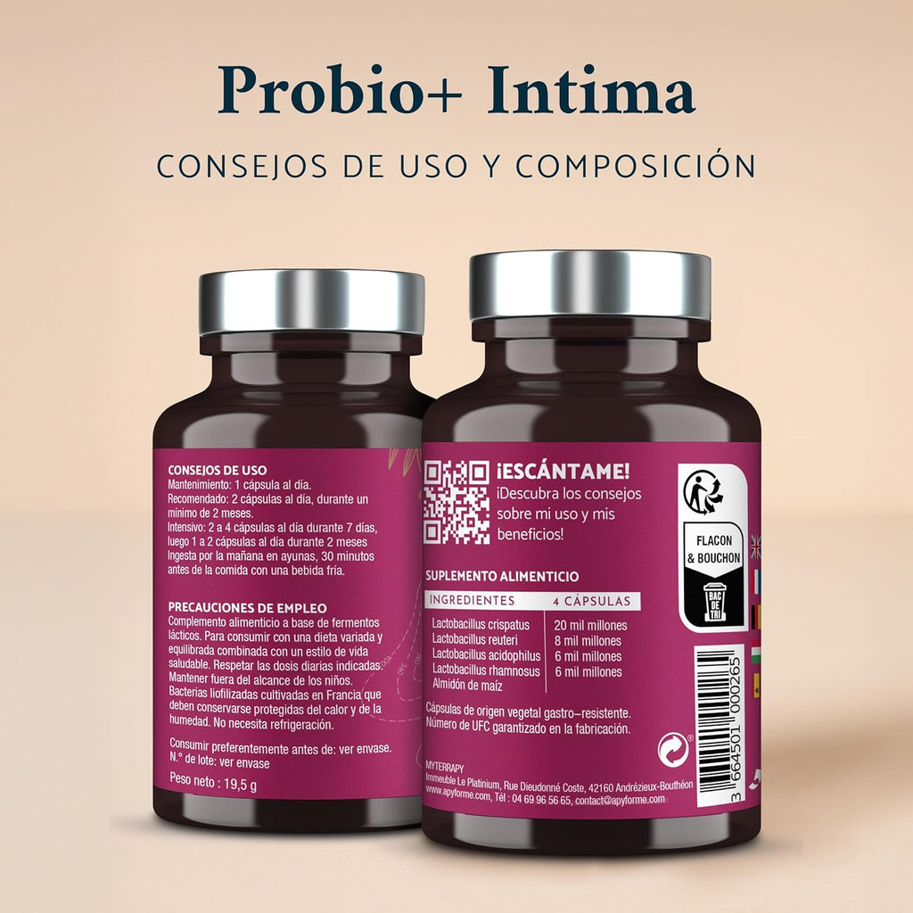 Apyforme - Intimate Flora Woman Probiotics - Up to 40 Billion CFU/Day - 4 Strains Lactobacillus Reuteri, Rhamnosus Crispatus and Acidophilus - 60 Gastroresistant Capsules - Probio+ Intima