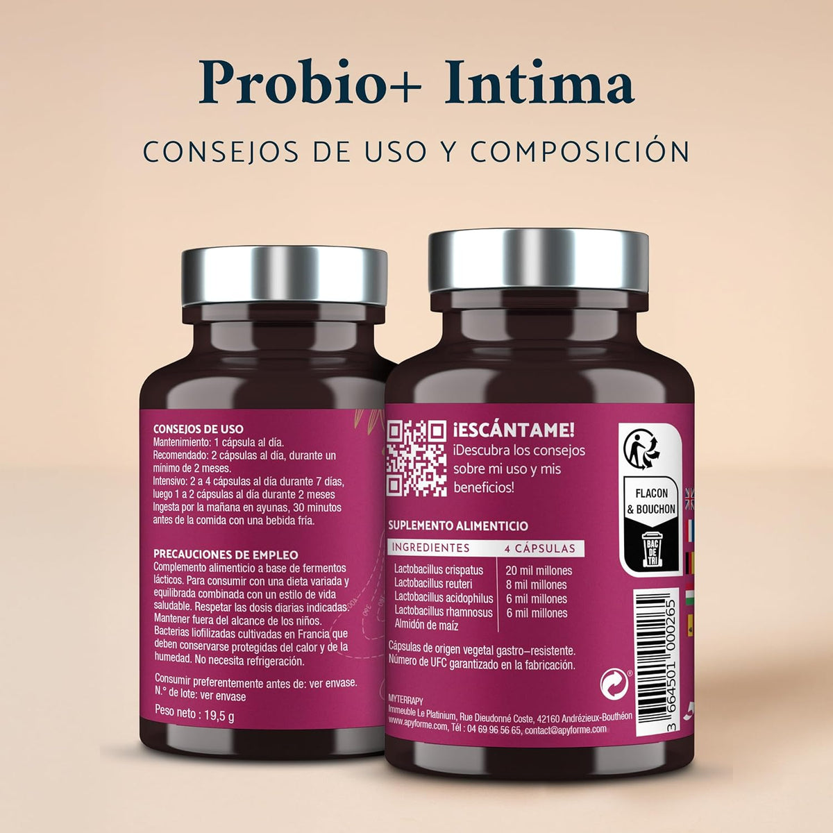 Apyforme - Intimate Flora Woman Probiotics - Up to 40 Billion CFU/Day - 4 Strains Lactobacillus Reuteri, Rhamnosus Crispatus and Acidophilus - 60 Gastroresistant Capsules - Probio+ Intima