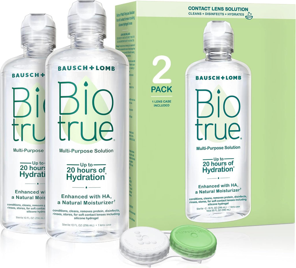 Biotrue Contact Solution, Multi-Purpose Solution with Lens Case, Cleans, Conditions, Hydrates, Disinfects, Removes Protein, Dirt & Debris, Contact Lens Cleaner & Storage, 10 Fl Oz (Pack of 2)