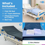 GloryMEQ Point A Tech PAM‑3SE Semi‑Electric Hospital Bed – 3‑Function Adjustable Home‑Care Bed with Bedside Controls, Locking Casters & Safety Rails, Includes Foam Mattress, Bed Tray & 2 Sheets