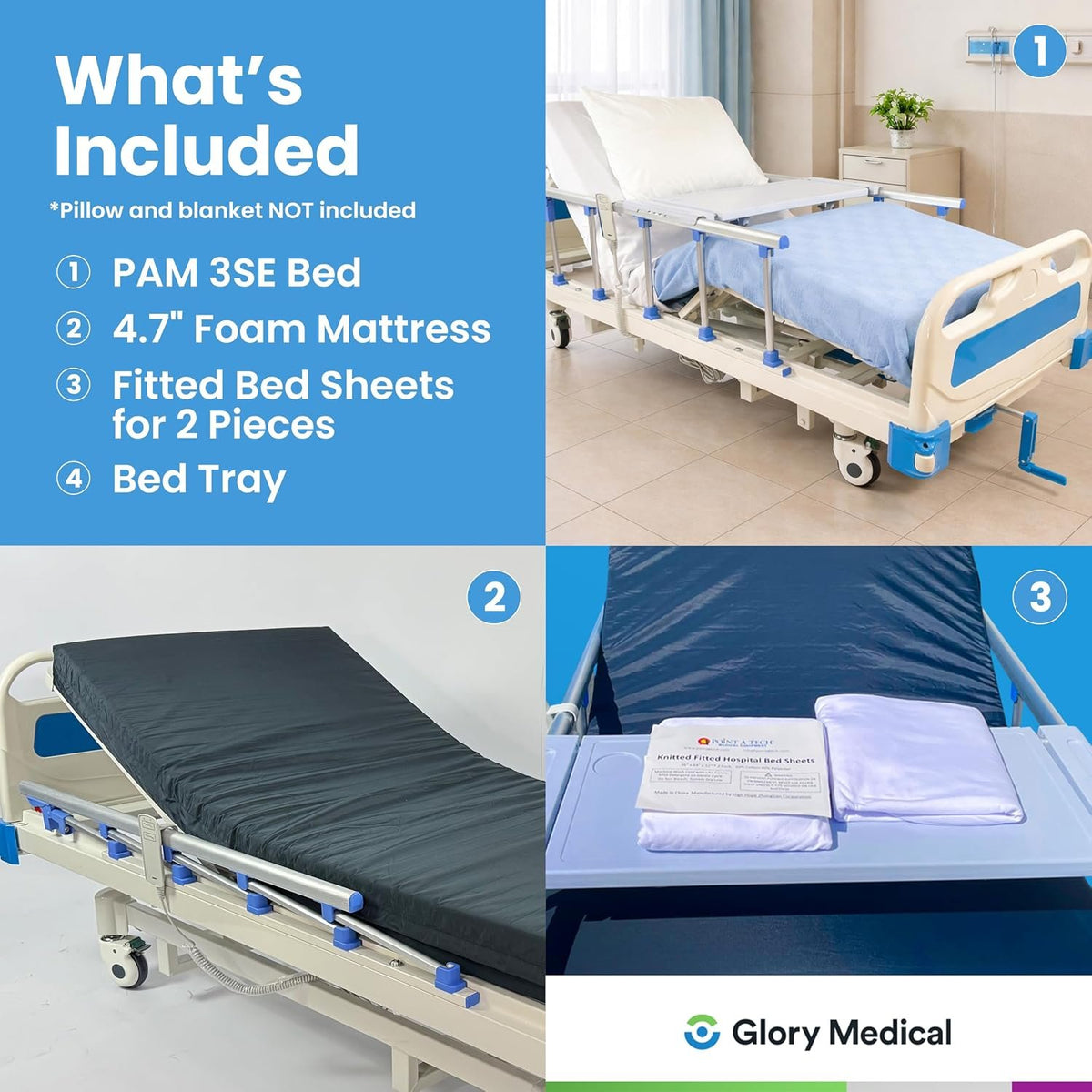 GloryMEQ Point A Tech PAM‑3SE Semi‑Electric Hospital Bed – 3‑Function Adjustable Home‑Care Bed with Bedside Controls, Locking Casters & Safety Rails, Includes Foam Mattress, Bed Tray & 2 Sheets