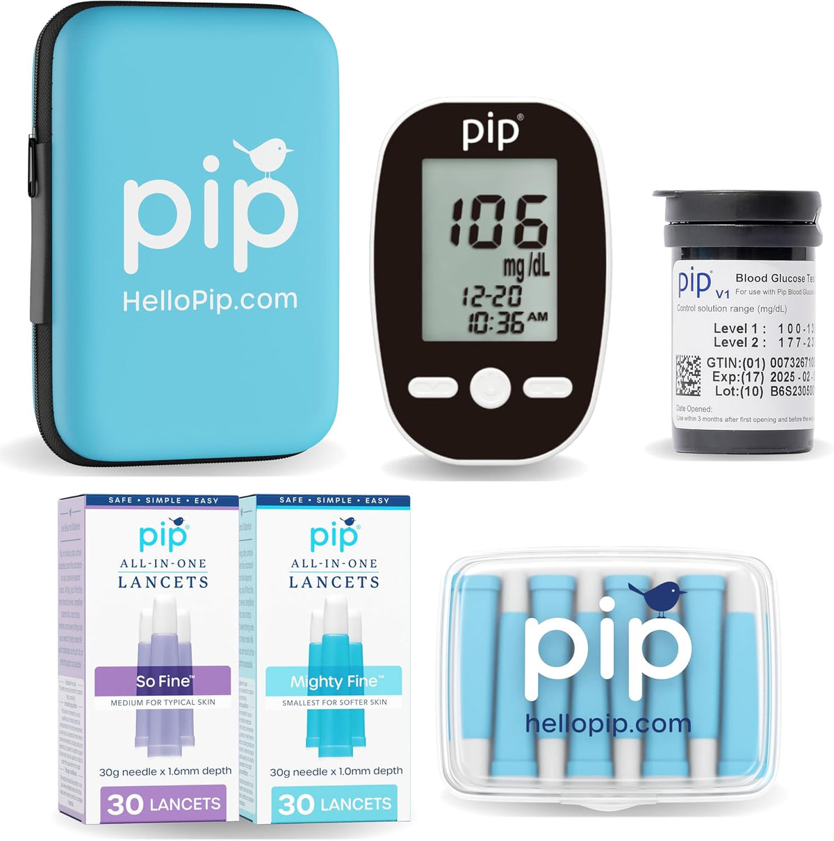 Pip Blood Glucose Monitor Kit - 50 Test Strips, Preloaded Lancets & Case
