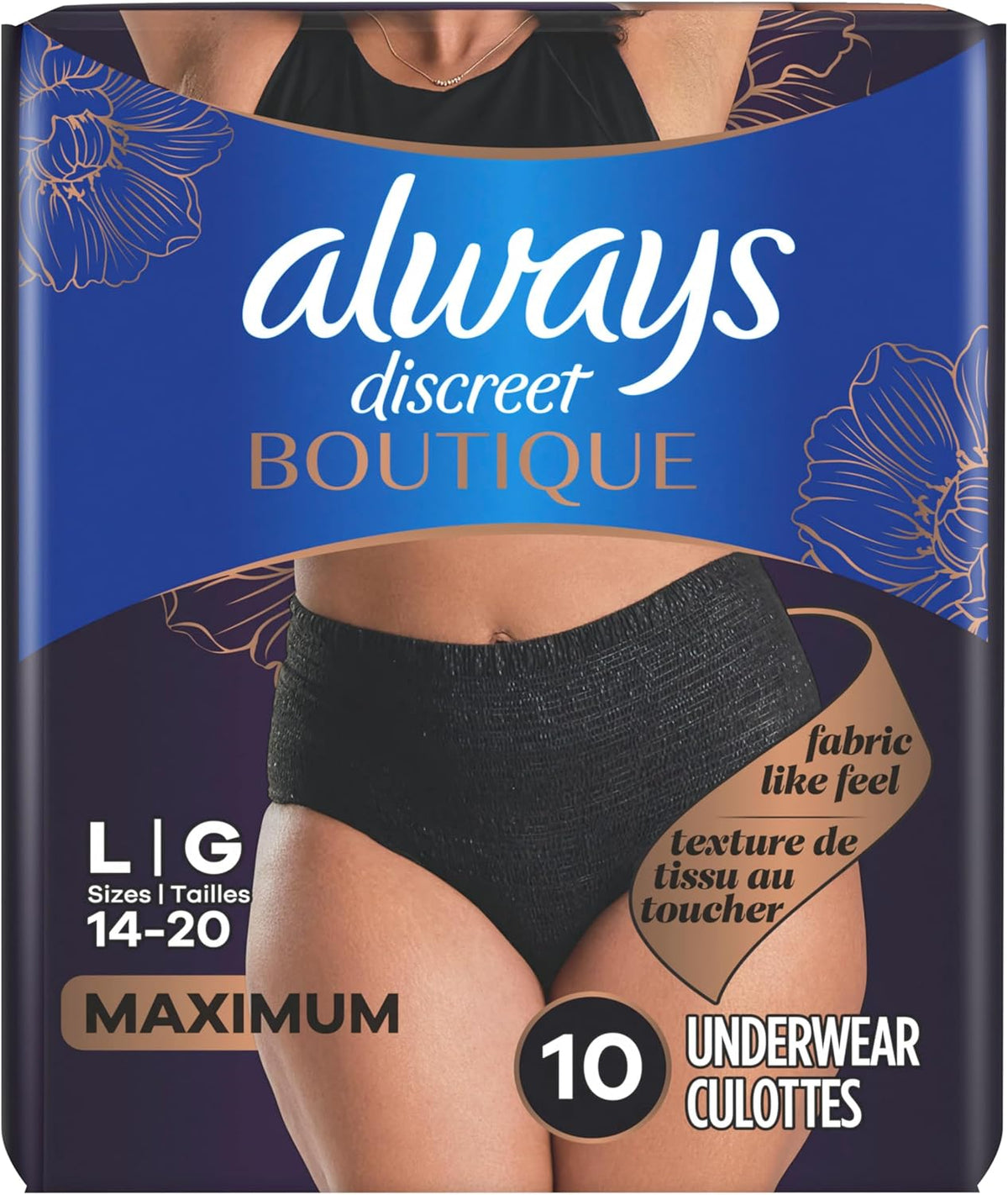 Always Discreet Boutique Incontinence and Postpartum Underwear for Women, Maximum Protection, Large, Black, 10 Count