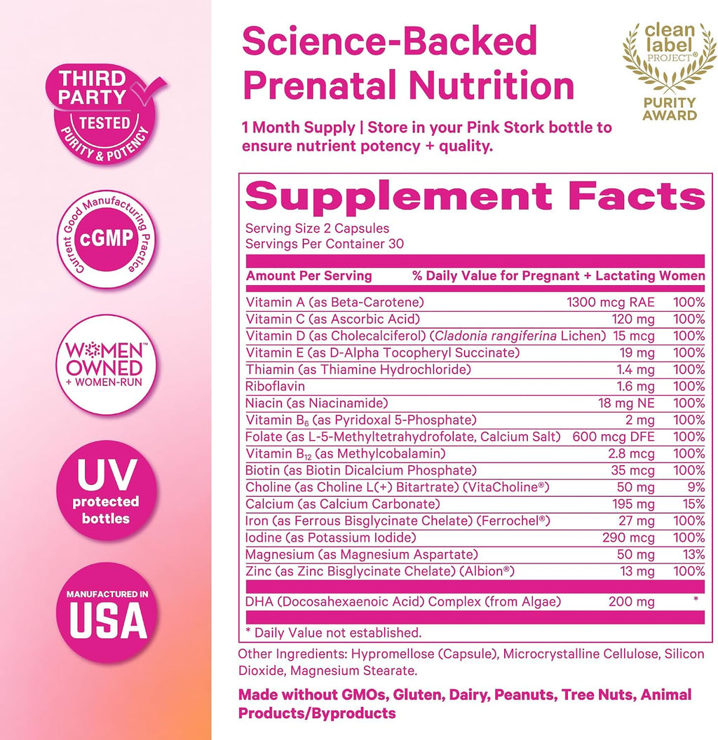 Pink Stork Total Prenatal + DHA, Vegan, No Fishy Burps, 60 Count, Berry | Methylfolate, Vegan DHA, Non-Constipating Iron, Choline, Vitamin B12 | Clean Label Purity Award, Made in USA