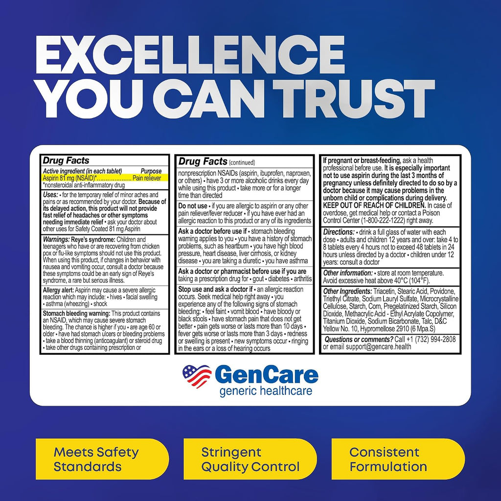 GenCare Low Dose Aspirin 81mg Enteric Coated Tablets, 500 Count | Compares to Bayer; daily low-dose aspirin for heart health, pain & fever relief, baby aspirin