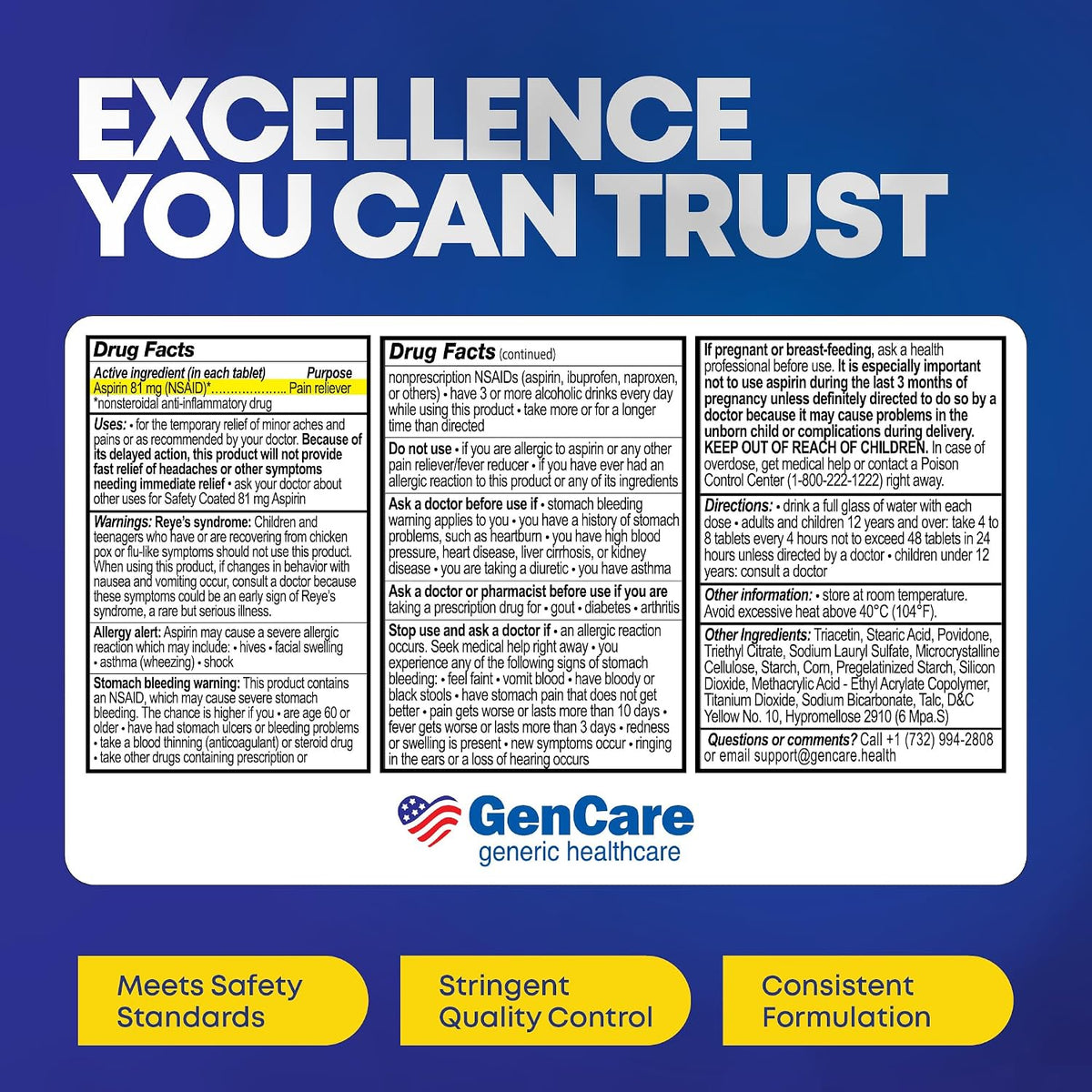 GenCare Low Dose Aspirin 81mg Enteric Coated Tablets, 500 Count | Compares to Bayer; daily low-dose aspirin for heart health, pain & fever relief, baby aspirin