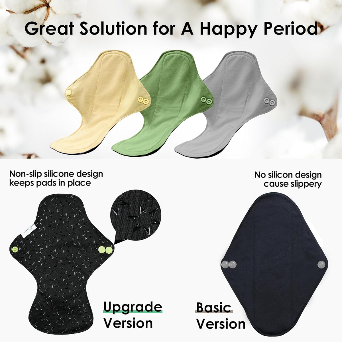 6 PCs Reusable Menstrual Pads, Ultra Absorbent Cotton Cloth Pads for Light / Heavy Flow,Cotton Sanitary Pads for Teens, Women, Nonslip Panty Liners + 1 pc Wet Bag (Mustard Yellow, Grey, Beige, M)