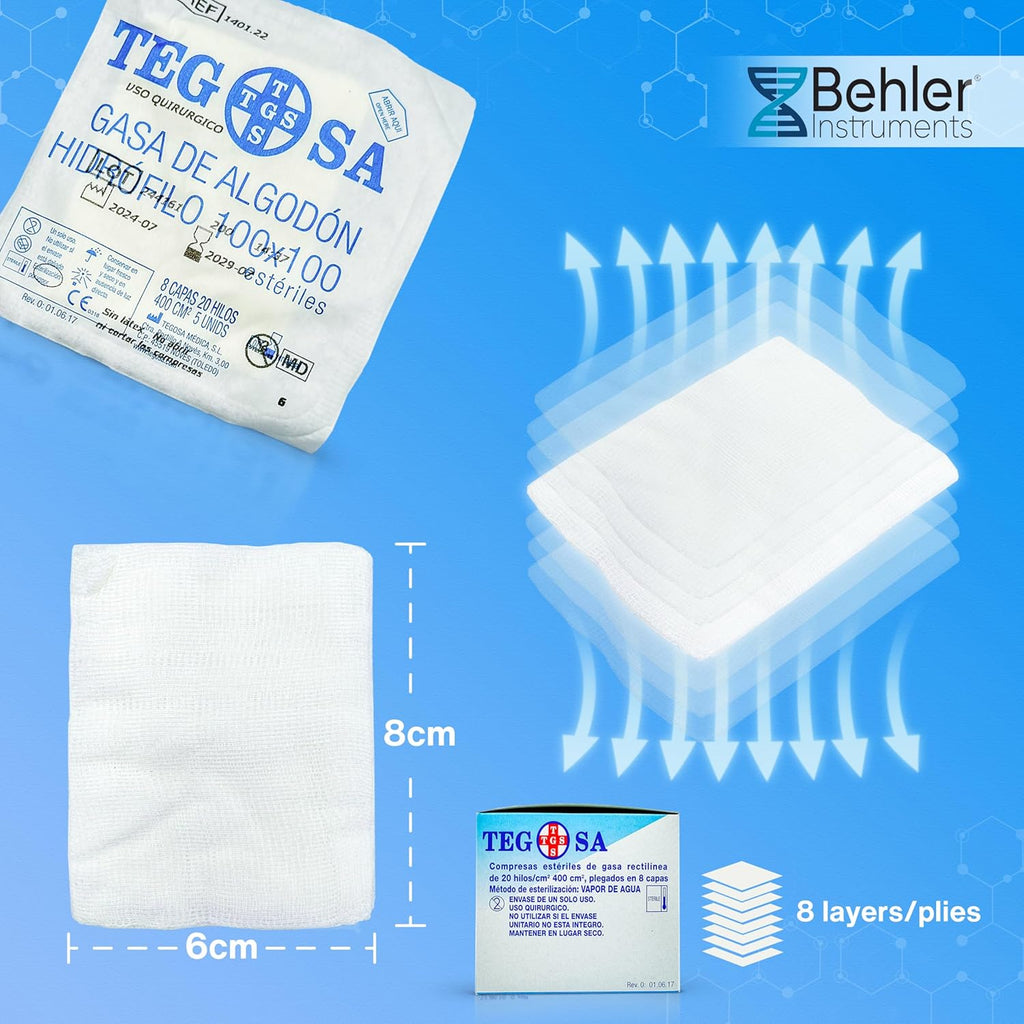 Sterile gauze of hydrophilic cotton in compresses 8 cm x 6 cm - 8 layers - Gauze - Pack of 100 units in 20 envelopes of 5 units - High absorbency and medical gauzes.