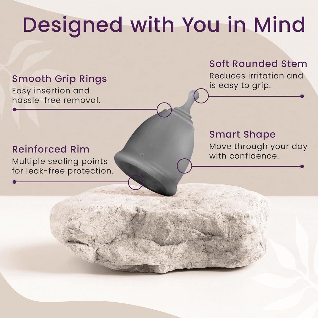 EcoBlossom Reusable Menstrual Cup and Case - The Most Reliable Medical Grade Silicone Period Cups - Comfortably use for 12 Hours (Small/Large (Pack of 2), Gray Cup & Case)