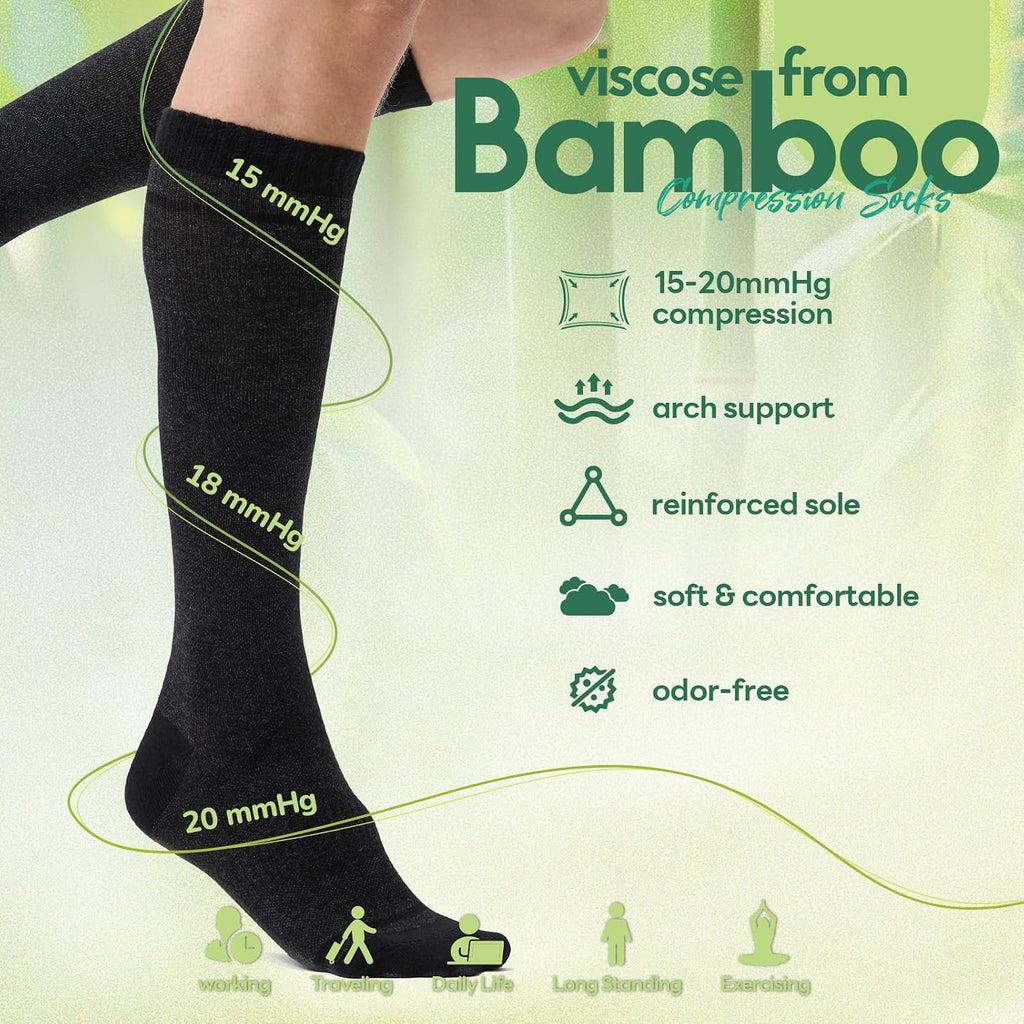 Compression Socks Women & Men, 15-20 mmHg Bamboo Viscose Knee High Soft Support for Flying Travel Daily