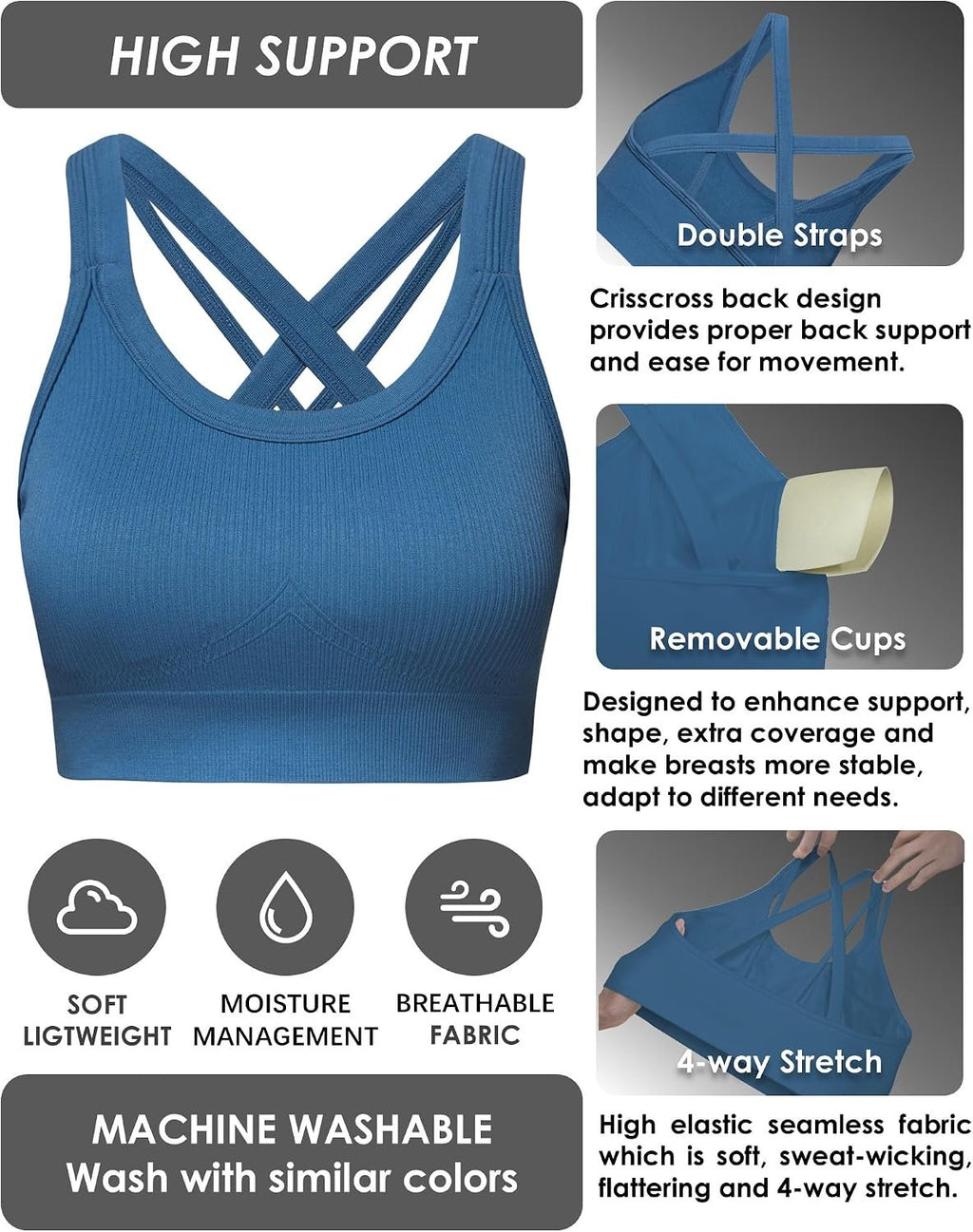 Sports Bras for Women HIigh Support, Criss-Cross Back Padded Strappy High Impact Sports Bras for Women Large Bust