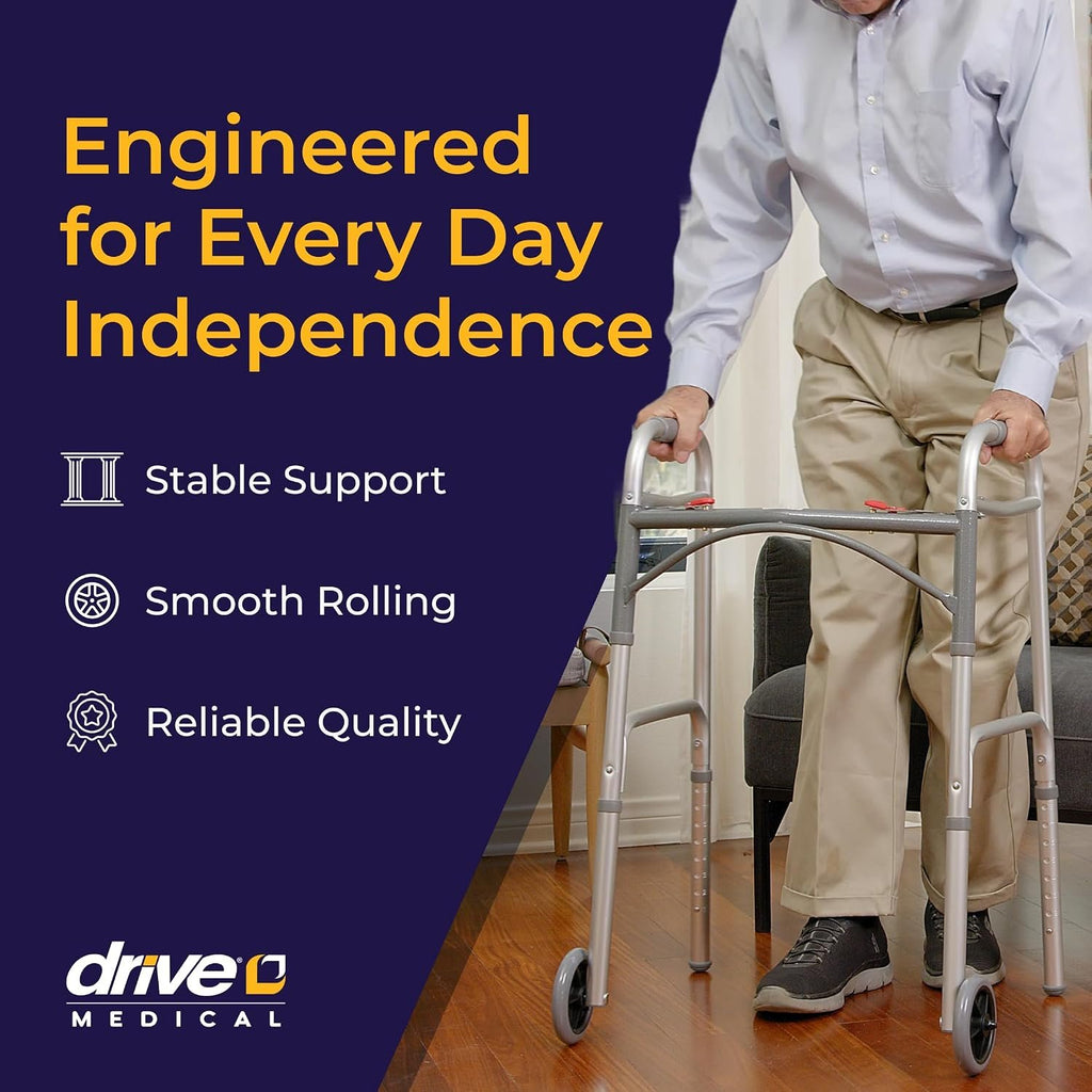 Drive Medical Two-Button Folding Walker with Wheels, Height Adjustable | Two-Button Rolling Walker Features Dual Push-Button Operation, Adjustable Height and Durable Aluminum Frame