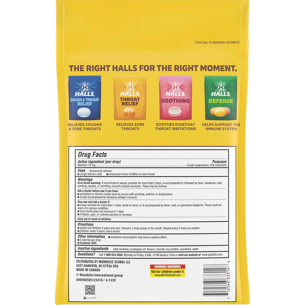 HALLS Cough & Throat Relief Honey Lemon Sugar Free Cough Drops, 180 ct | No Synthetic Dyes, Bulk Pack