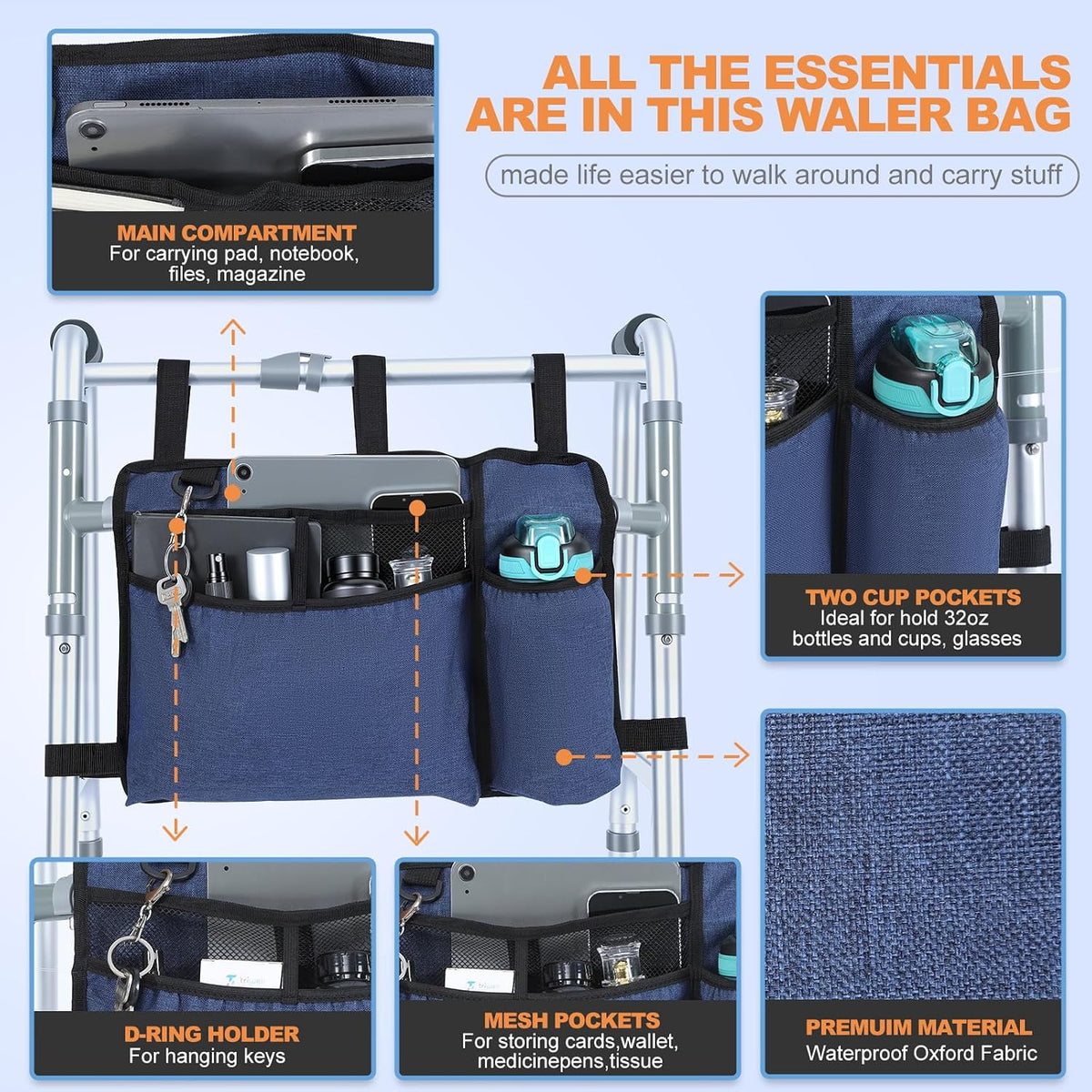 Premium Walker Bags for Folding Walkers Accessories with Cup Holder