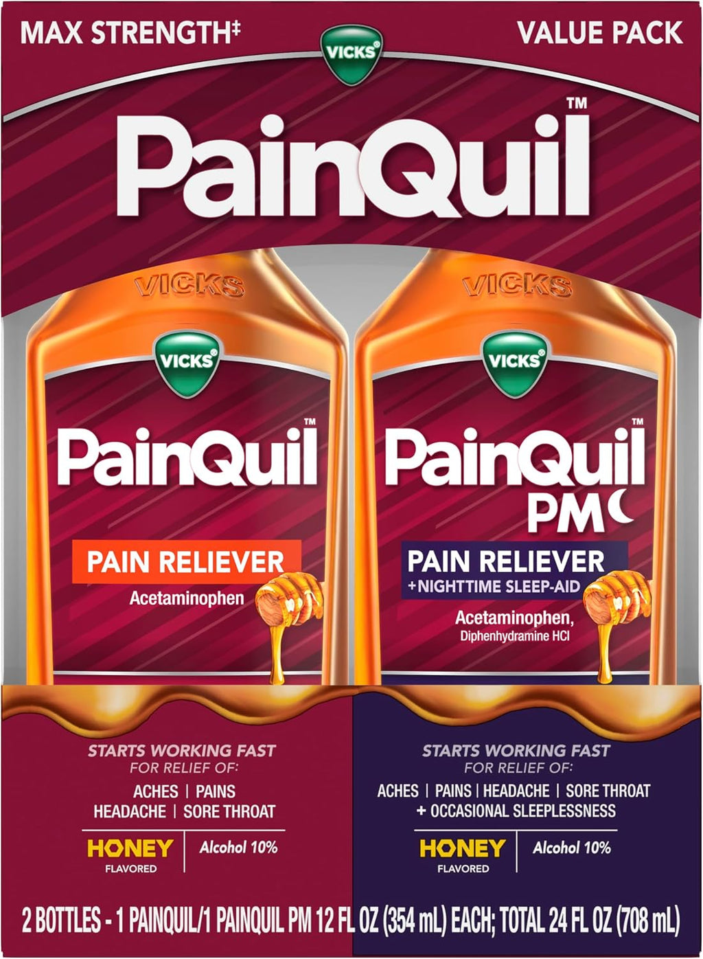 Vicks PainQuil Pain Relief Acetaminophen 1000mg Max Strength Honey Flavored Adult Pain Reliever Liquid 2x12oz, Backache Headache Relief, 1 Daytime Pain Reliever x 1 Nighttime Pain Relief + Sleep Aid