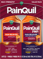 Vicks PainQuil Pain Relief Acetaminophen 1000mg Max Strength Honey Flavored Adult Pain Reliever Liquid 2x12oz, Backache Headache Relief, 1 Daytime Pain Reliever x 1 Nighttime Pain Relief + Sleep Aid