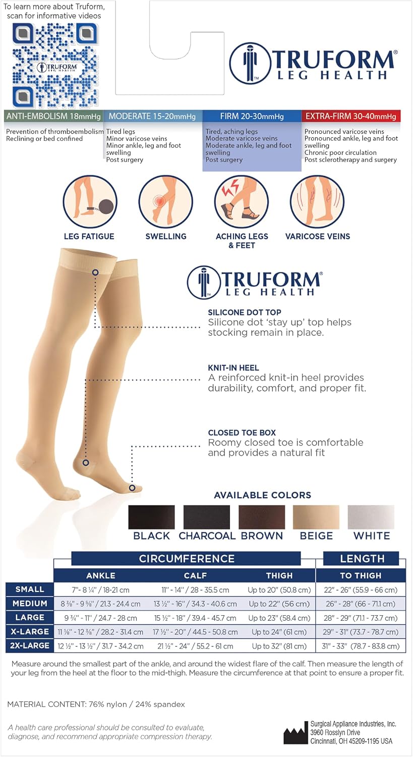 Truform 20-30 Mmhg Compression Stockings for Men & Women, Thigh High Length, Dot Top, Closed Toe, Beige, Medium