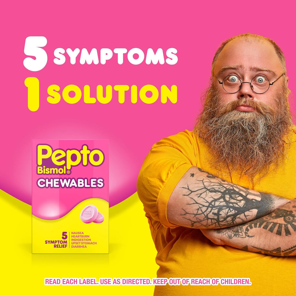 Pepto Bismol Chewable Tablets, Upset Stomach Relief, Nausea Relief, Heartburn Relief, Indigestion Relief, Anti Diarrhea Medication for Adults - 5 Symptom Relief, 90 Chewable Tablets (3x30 ct)