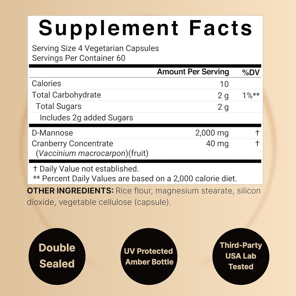 Double Strength D-Mannose with Cranberry Pills, 1000mg Per Serving, 200 Capsules, 2 in 1 Formula, Flush Impurities, Supports Urinary Tract Cleanse in Women and Prostate Health in Men