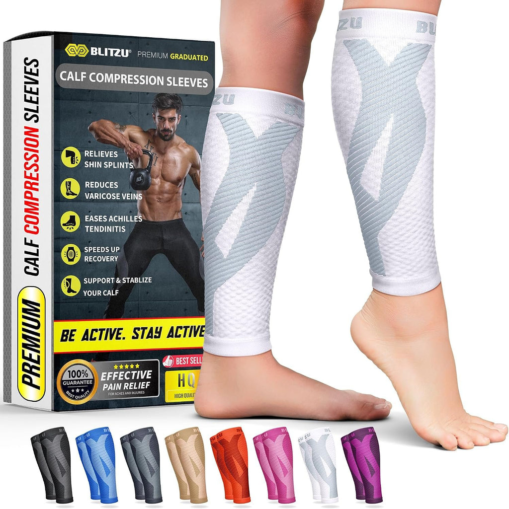 BLITZU Calf Compression Sleeves, Footless Compression Socks for Men & Women | Leg Support Brace, Shin Splint Pain Relief, Reduce Varicose Vein Swelling, Muscle Recovery, Running, Nursing, Fitness, Travel
