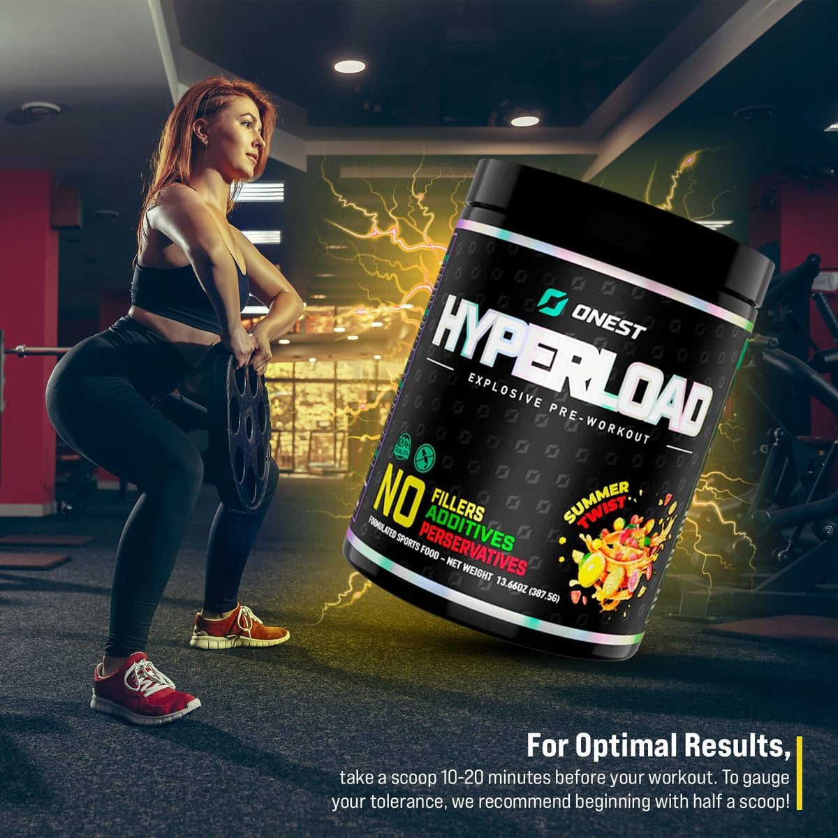 Onest Hyperload Pre Workout Supplements 387.5g | 25 Servings Workout Powder for Men & Women | Enhances Muscle Power & Energy | Caffeine, L-Citrulline Malate, Alanine, L-Theanine Sports Drink Powder (Hyperload, Summer Twist)